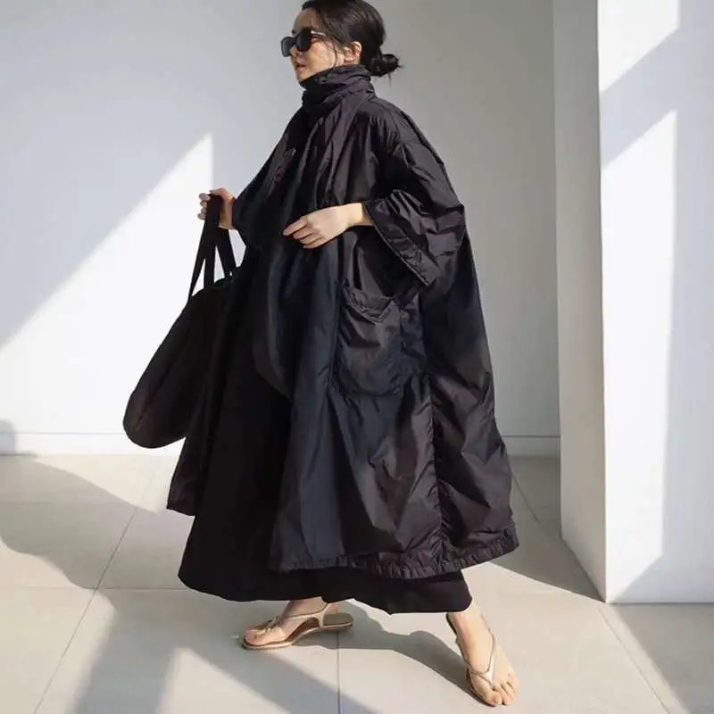 Spring And Autumn New Overknee Long Windbreaker Women's Loose Plus Size - Black