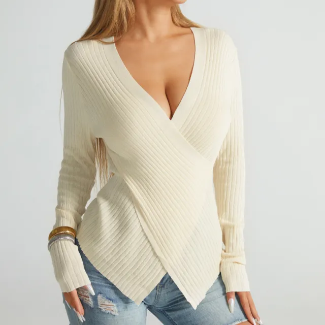 New Irregular Cross Sweater Women Chic Top Sweater Apricot - Shop at LoveMi