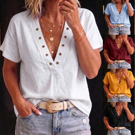 Womens Loose-fit Casual V-neck Short-sleeve Solid-color Shirt