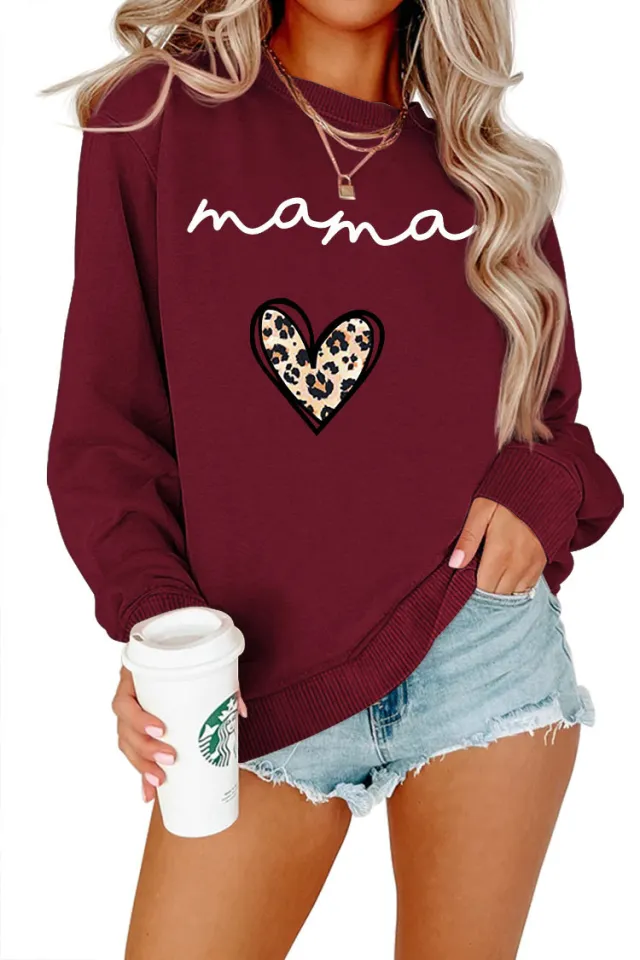 Leopard Print Heart Printing Plus Size Casual Simple Women's Long sleeved Fleese Wine - Shop at LoveMi