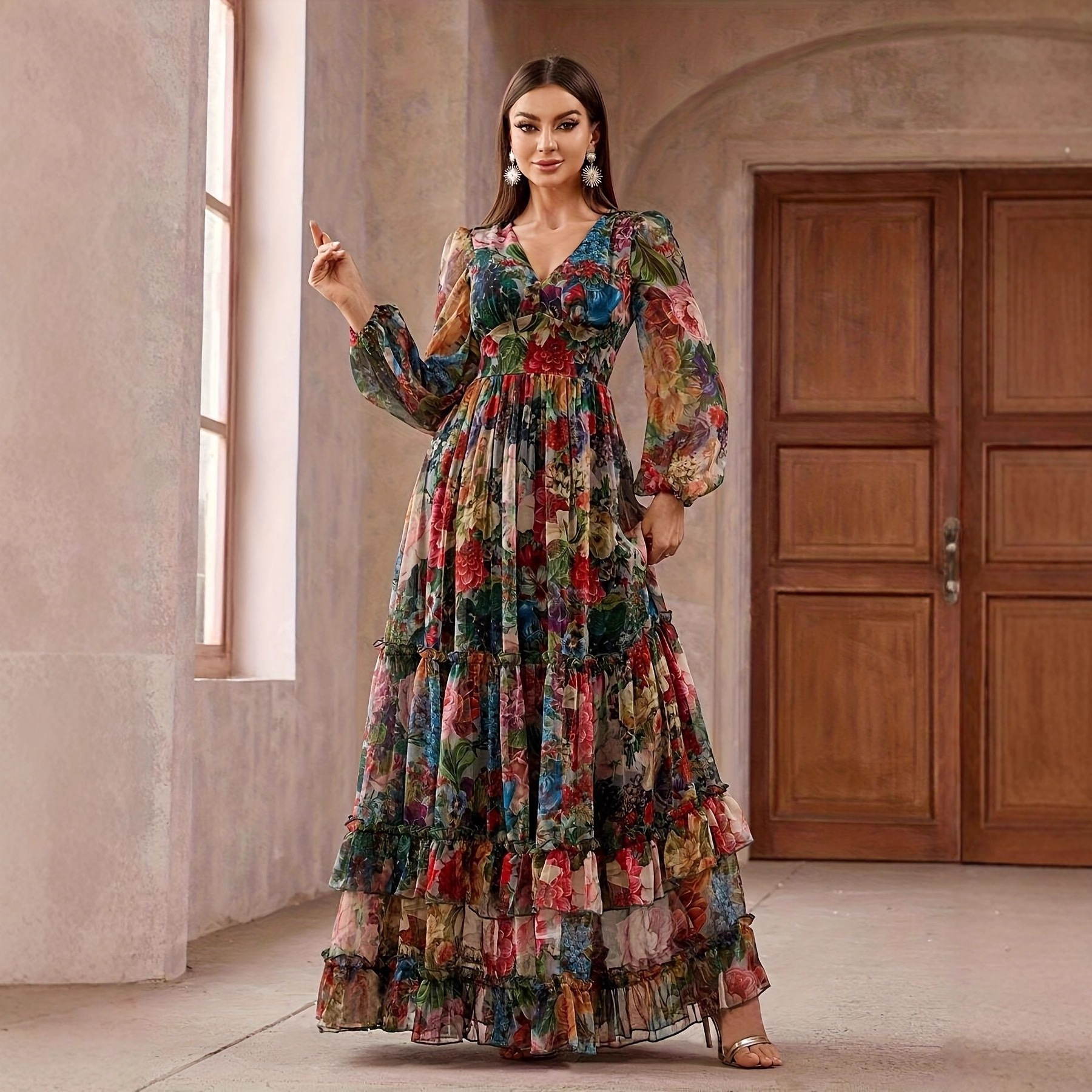 Printed Long-sleeve Puffed-sleeve Belted Maxi Dress