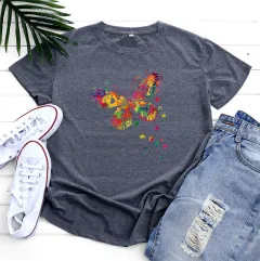 Women's Fashion Casual Heart Butterfly Printed Cotton Round Neck Short Sleeve - Grey - View 1