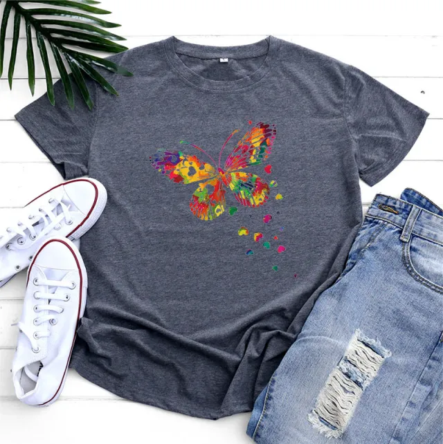 Women's Fashion Casual Heart Butterfly Printed Cotton Round Neck Short Sleeve Dark Gray - Shop at LoveMi