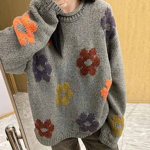 Pullove Round Neck Flower Mid-length Loose Sweater - Gray