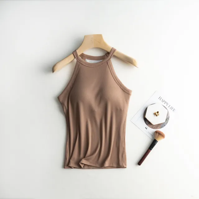 New Solid Color Back Shaping Padded Halter Spaghetti Straps Vest Khaki - Shop at LoveMi