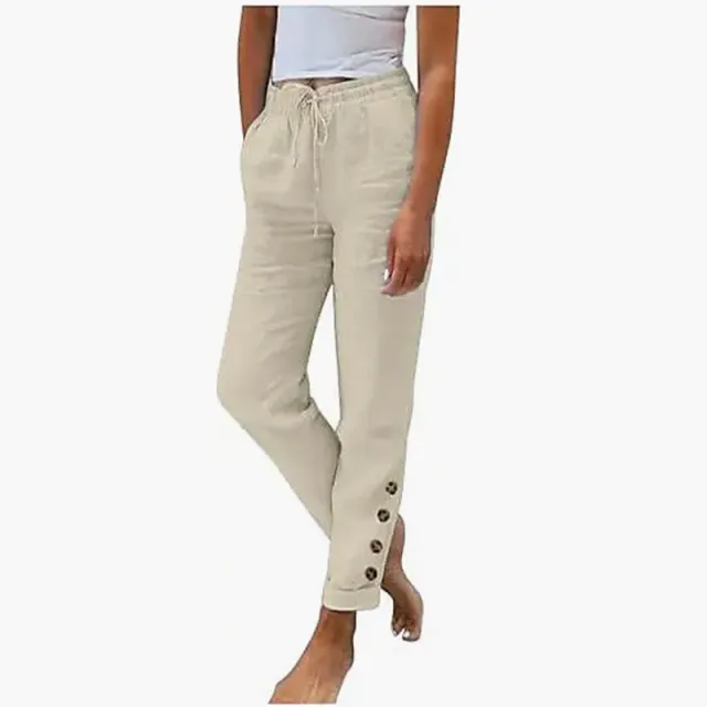 Elastic Waist Cotton Linen Straight Casual Button Trousers Khaki - Shop at LoveMi