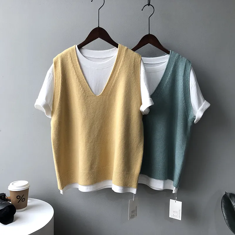 Preppy Style V-neck Loose And Idle Sleeveless Waistcoat - Yellow