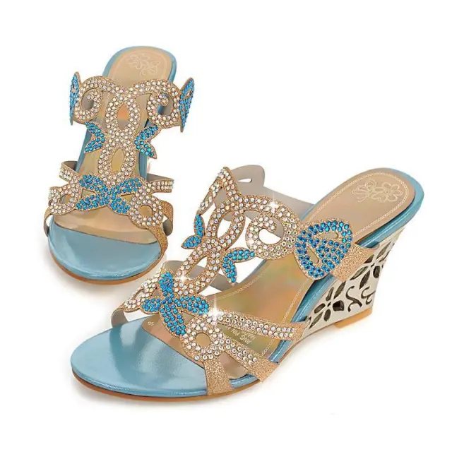 Wedge Sandals Peep Toe Slip on Rhinestone Women's Blue - Shop at LoveMi