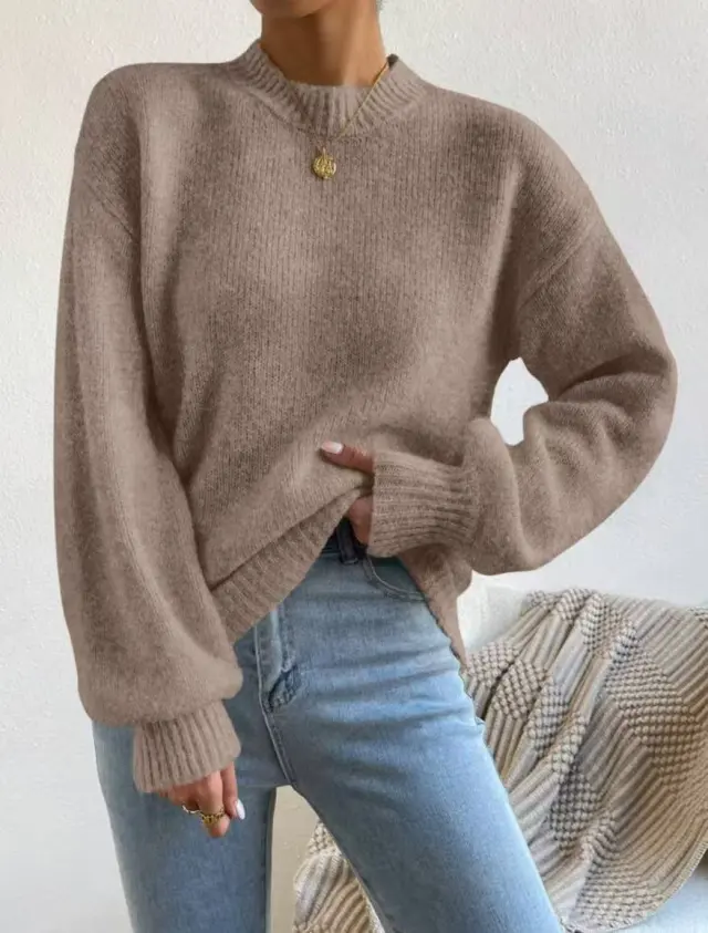 Pure Color Half Collar Leisure Pullover Sweater Women's Long sleeved Sweater Khaki - Shop at LoveMi