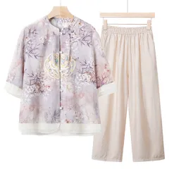 Mom New Spring And Summer Wear National Style Small Shirt Two-piece Set - Purple Beige Pants - View 1