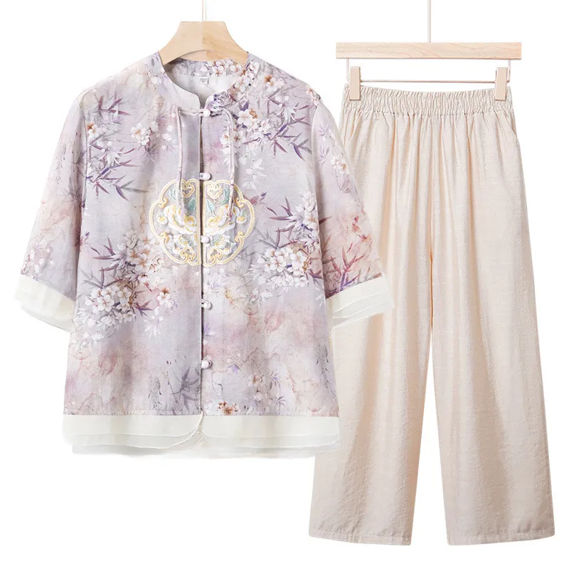 Mom New Spring And Summer Wear National Style Small Shirt Two-piece Set - Purple Beige Pants