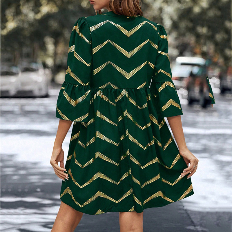 V-neck Striped Short Sleeve Ruffle Sleeve Dress