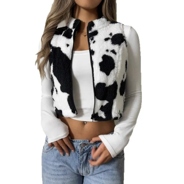 Women's Cows Pattern Zipper Vest Ins Style Furry Coat Black - Shop at LoveMi
