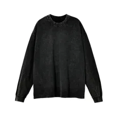 American Retro Double Yarn Cotton Worn Looking Washed-out T-shirt Top - Black - View 1