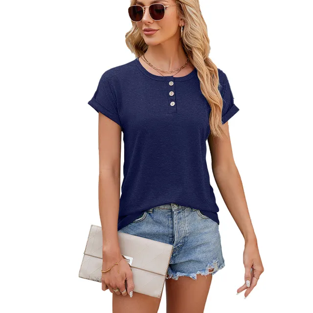Women's Summer Solid Color Round Neck Button Loose T shirt Navy Blue - Shop at LoveMi