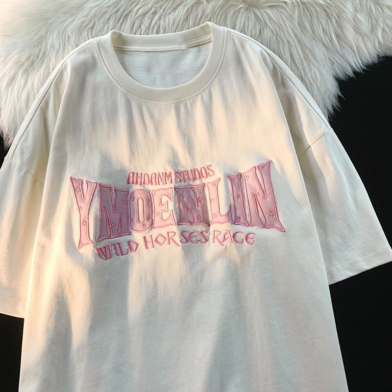 Letter Embroidery Pattern Loose All-matching Pure Cotton Tops