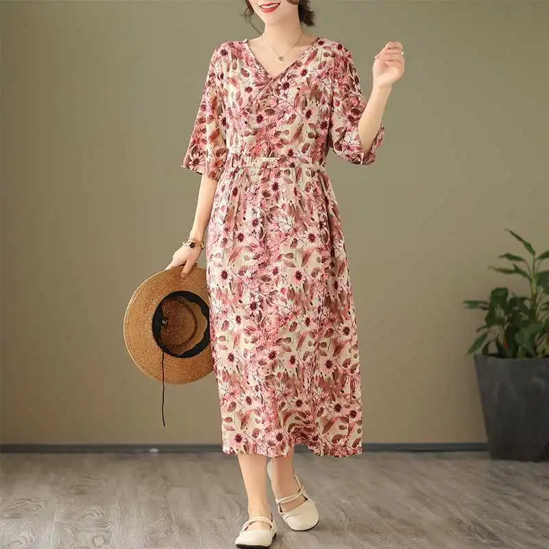 V-neck Half Sleeve Ethnic Print Summer Dress - Pink