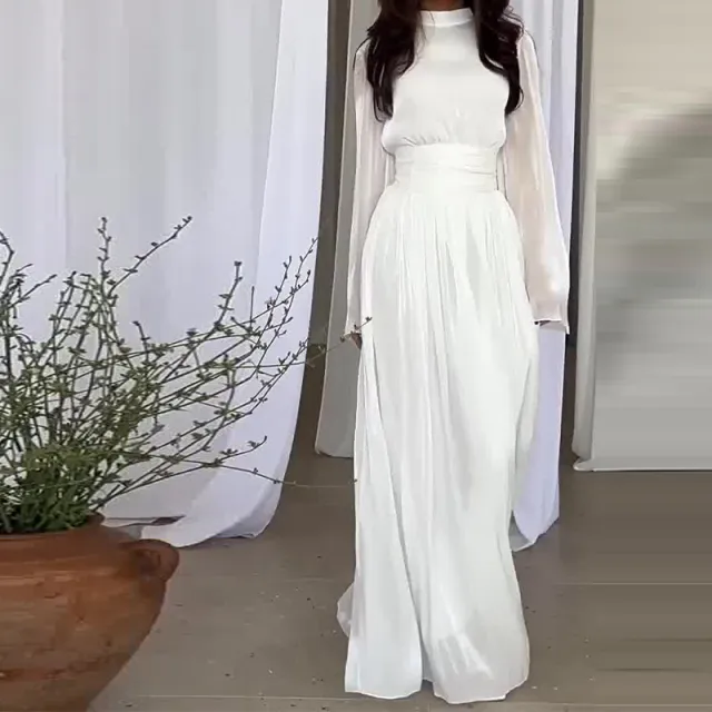 Round Neck French Entry Lux High grade Mercerized Long Dress White - Shop at LoveMi