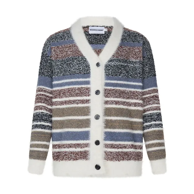 Early Autumn Couple Dopamine Striped Cardigan Campus Retro Soft Glutinous Mohair Knitwear White - Shop at LoveMi