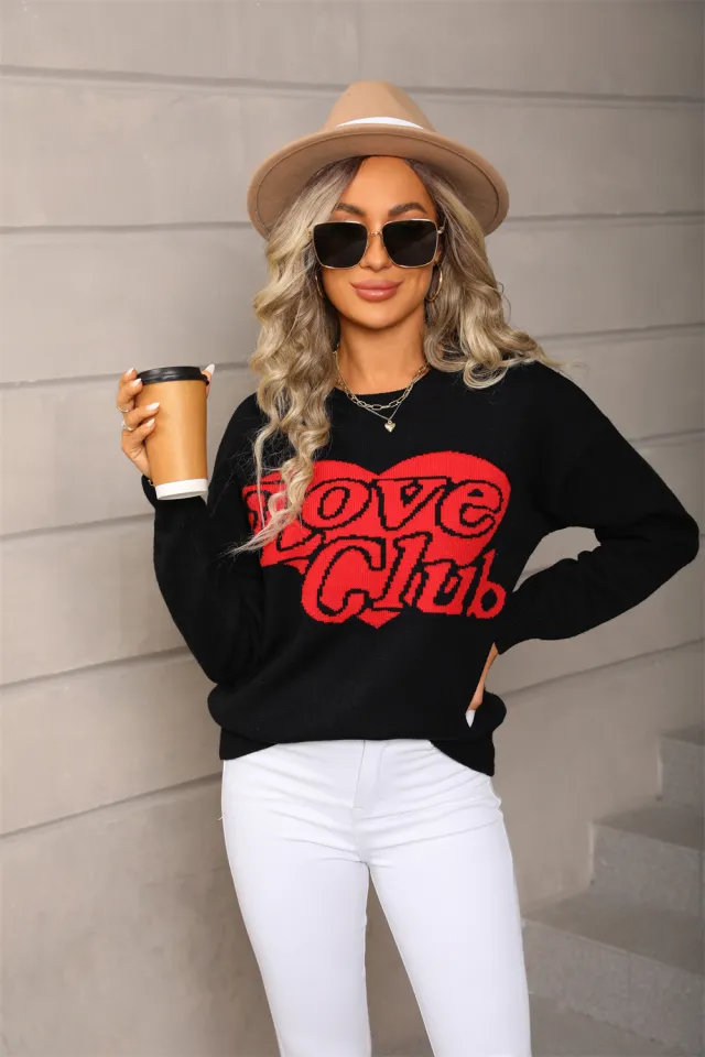 Fashion Love Loose Valentine's Day Knitted Pullover Sweater Black - Shop at LoveMi