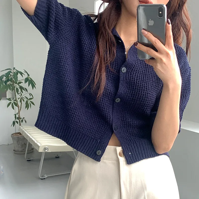 Draping Lapel Cardigan Sweater Solid Color Sweater With Short Sleeves - Blue