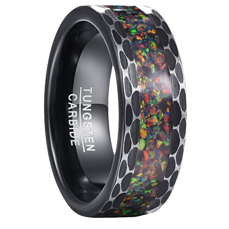 8MM Black Edge Brushed Inlaid Broken Opal Tungsten Ring