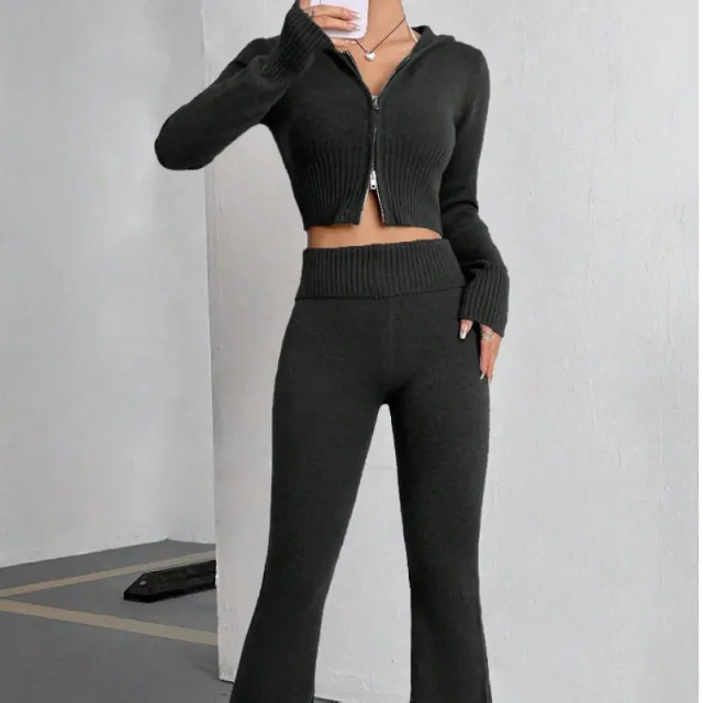 New Zipper Hooded Top Low Waist Bell bottom Pants Two piece Set Black - Shop at LoveMi