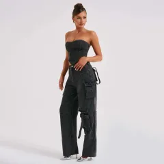 Women's Suit Low Waist Three-dimensional Tube Top And Pocket Stitching Jeans Pants - Black - View 1