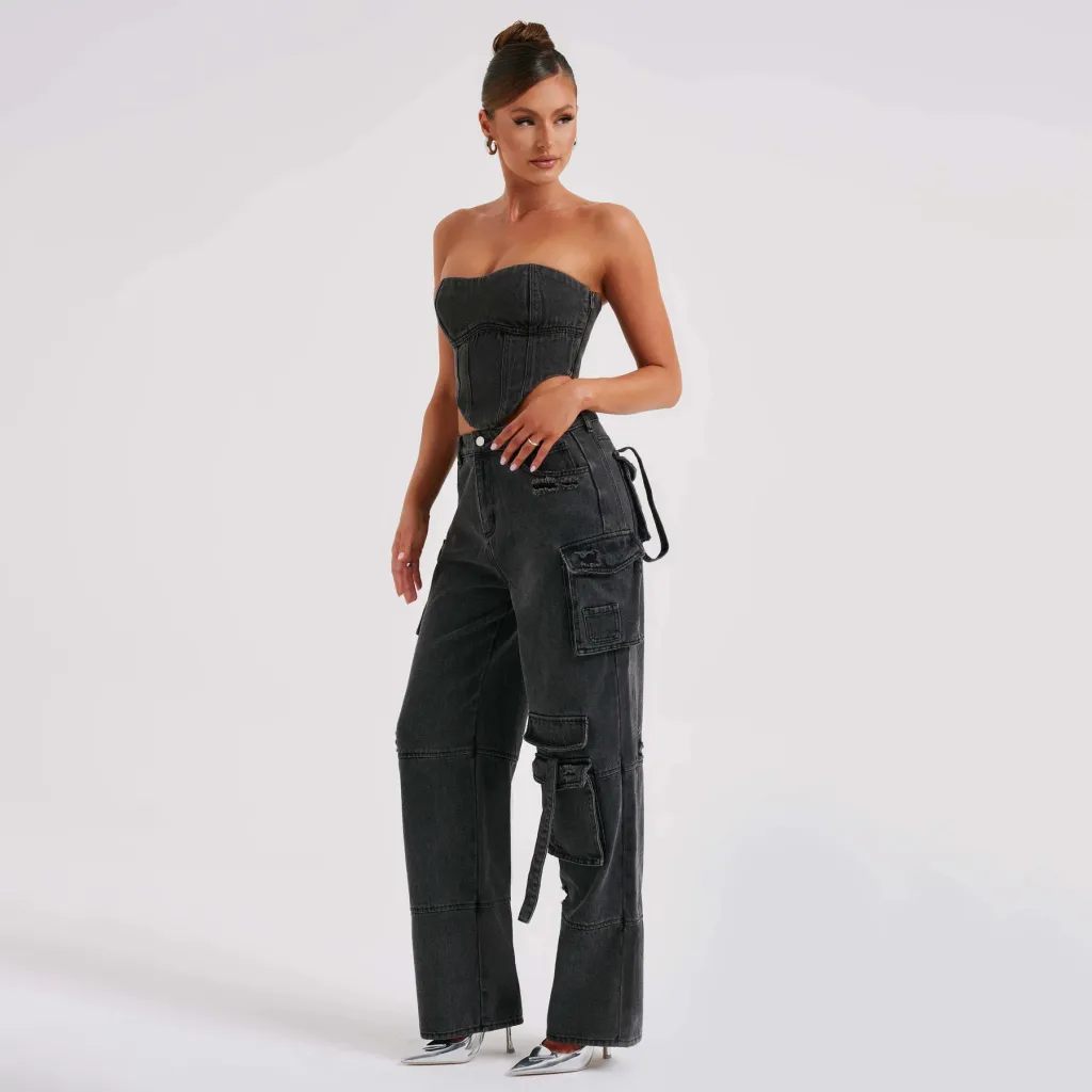 Women's Suit Low Waist Three-dimensional Tube Top And Pocket Stitching Jeans Pants - Black