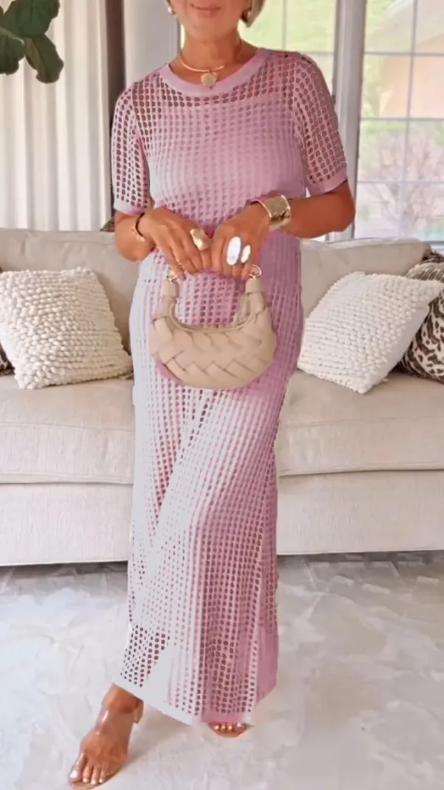 Round Neck Hollow Out 2 piece Set Dress Pink - Shop at LoveMi