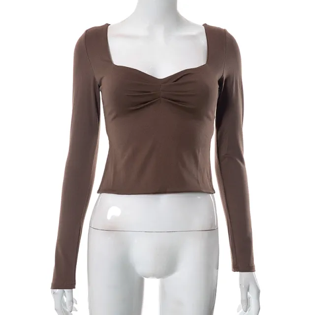 Autumn Ins New Solid Color Square Collar Long Sleeve Pleated Side Slit Top T shirt For Women Brown - Shop at LoveMi