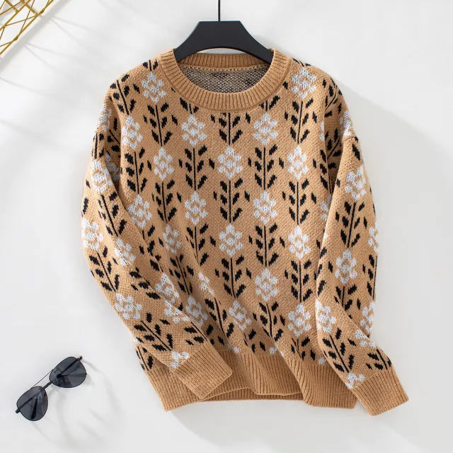 Flower Jacquard Pullover Women's Sweater Camel - Shop at LoveMi