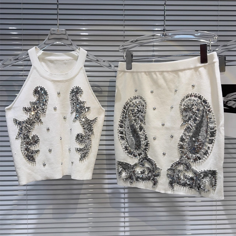 Niche Gaoding Silver Paillette Embroidered Knitted Vest Hip Skirt Suit