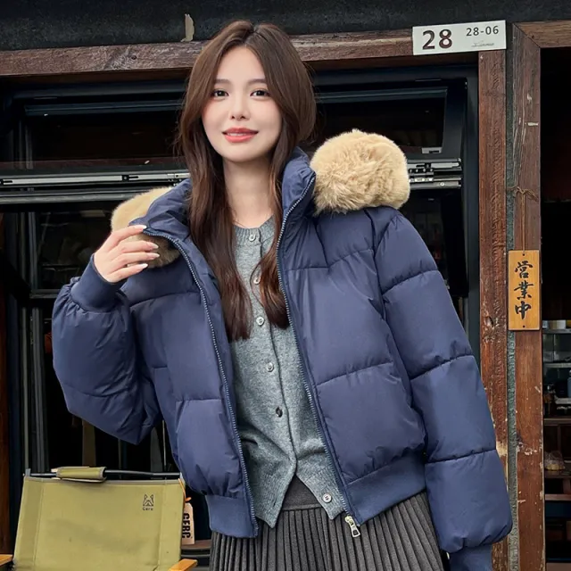 Hooded Large Fur Collar Cotton Short Padded Jacket Blue - Shop at LoveMi
