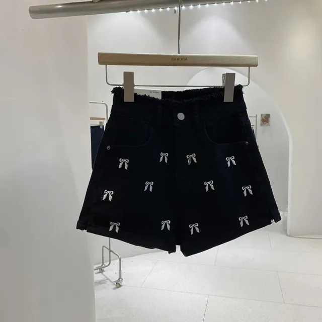 Slim Fit Burrs High Waist Denim Hot Pants Women's Summer Wide Leg Shorts Black - Shop at LoveMi