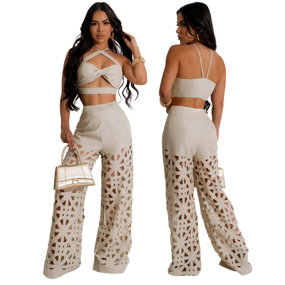 Burnt Flower Two-piece Set Sexy Camisole Hollow-out Wide-leg Pants