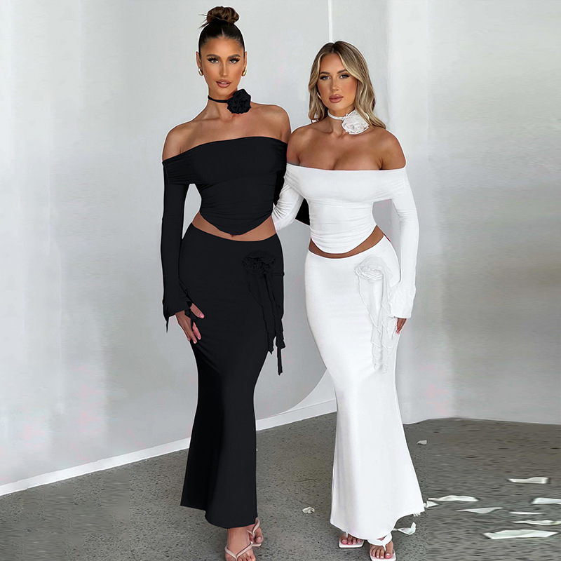 Women's Strapless Long Sleeved Top Slim Fitting Skirt Set