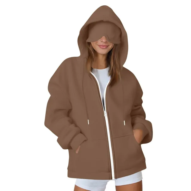 European And American Solid Color Women's Autumn And Winter Hooded Cardigan Zipper Sweater With Eye Mask Camel - Shop at LoveMi