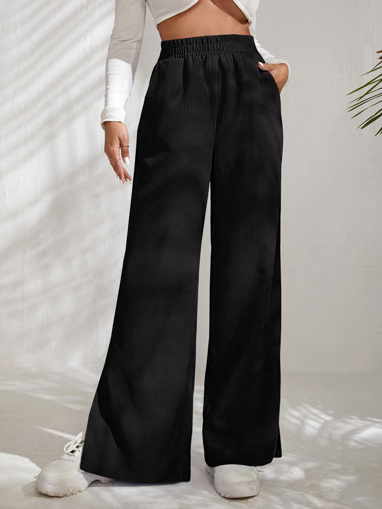 Women's Fashionable High Waist Corduroy Stitching Slits Lower Hem Trousers