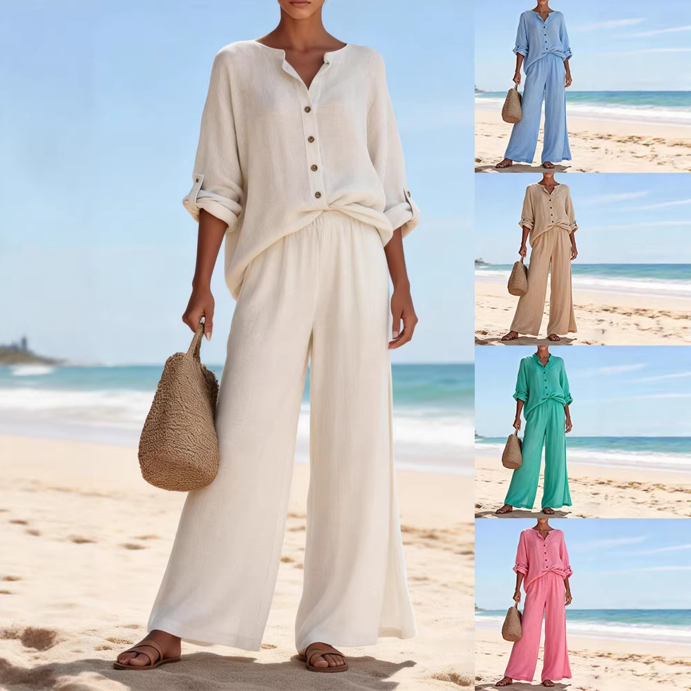 Womens Casual V Neck Long Sleeve Shirt And Pants Set In Cotton Available In Multiple Colors