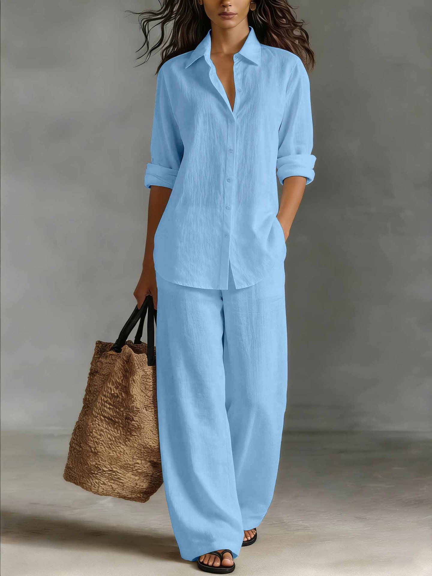 Women's Bohemian Cotton-Linen Top and Pants in Light Blue – spring outfit