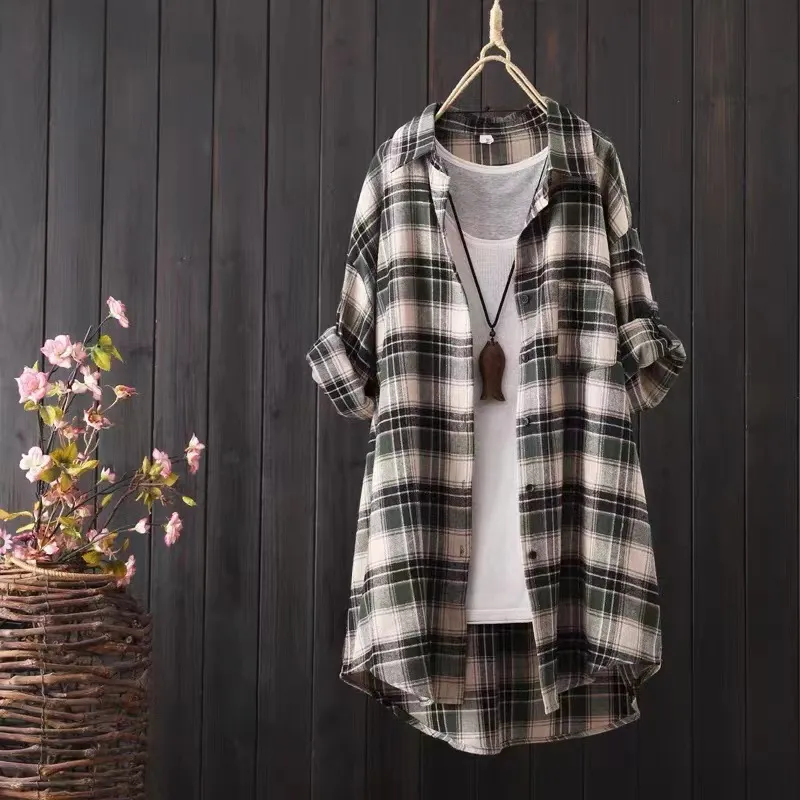 Loose And Idle Plaid Shirt Women's Mid-length Autumn Style Coat - Green
