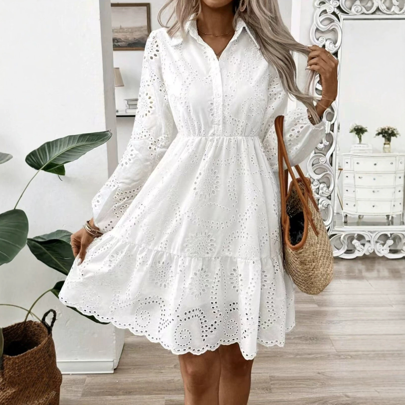 Womens New Shirt-collar White Long-sleeve Embroidered Dress — image 1
