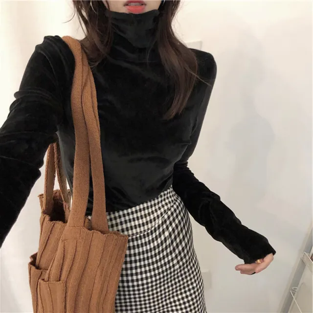 Fleece lined Thick Long sleeved T shirt Keep Warm Inner Match Turtleneck Top Black - Shop at LoveMi