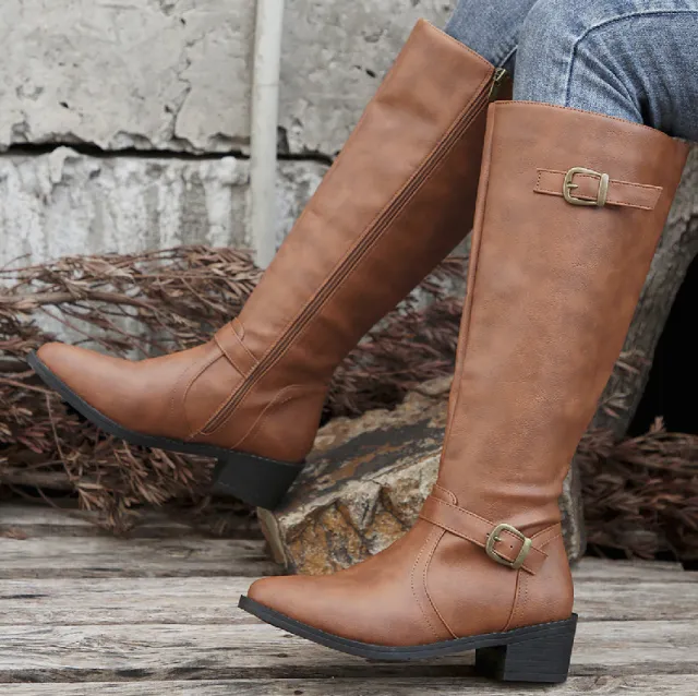 Large Size Thick Heel Square Buckle Test Zipper Boots Women Brown - Shop at LoveMi