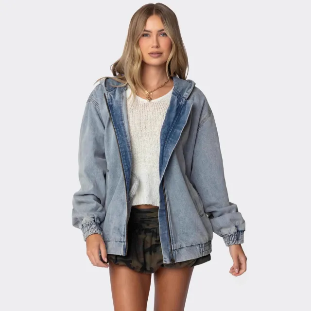 Womens Autumn Loose Versatile Long Denim Jacket Blue - Shop at LoveMi