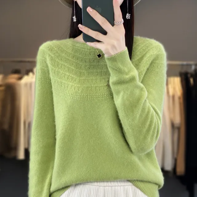 Seamless Front Line Ready made Garments Curling Collar Hollow Sweater Green - Shop at LoveMi