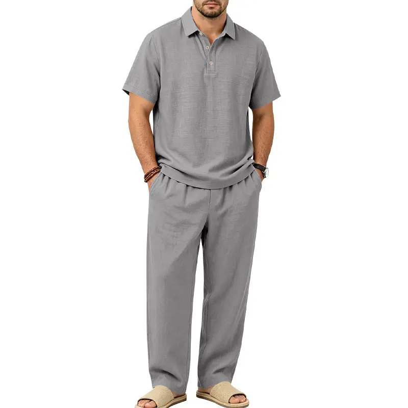 Mens Linen Lapel Short-sleeve Top And Trousers