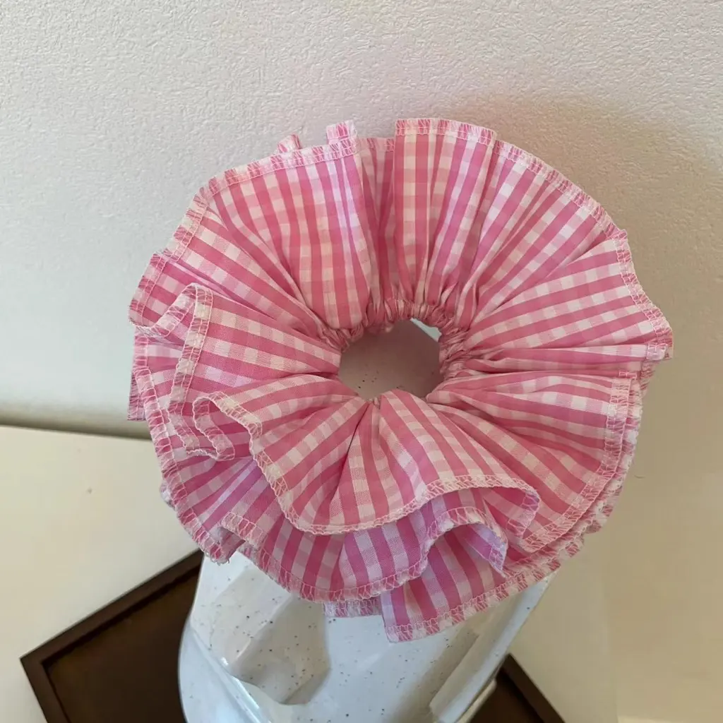 Beautiful Special-interest Design Four-layer Plaid Lace Hair Ring Handmade Girl Ins - Pink Plaid