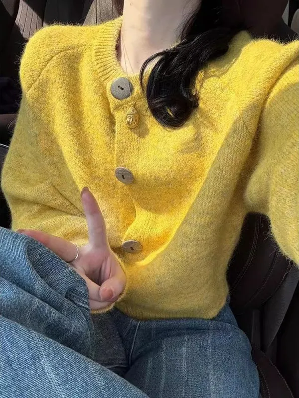 Loose Knitted Cardigan Women Wear Lazy Sweater Coat Yellow - Shop at LoveMi